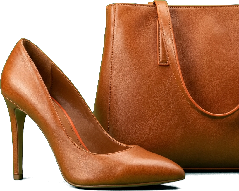 Cognac leather high heel and handbag composition